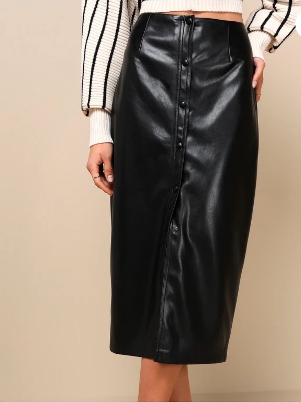 Lulu's Black Faux Leather Button-Front Midi Skirt